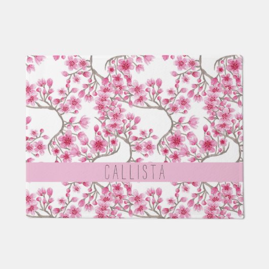 Roze Cherry Blossom Floral Waterverf Monogram Deurmat (Voorkant)