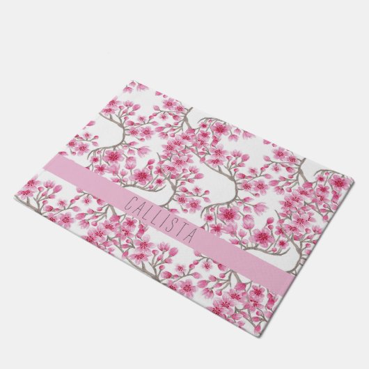 Roze Cherry Blossom Floral Waterverf Monogram Deurmat (Schuin)