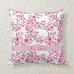 Roze Cherry Blossom Floral Waterverf Monogram Kussen