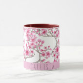 Roze Cherry Blossom Floral Waterverf Monogram Mok (Midden)
