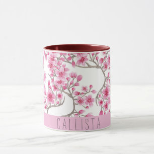 Roze Cherry Blossom Floral Waterverf Monogram Mok