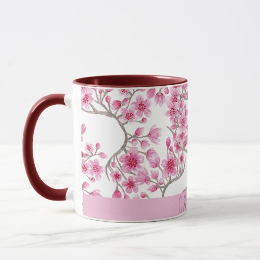 Roze Cherry Blossom Floral Waterverf Monogram Mok (Links)