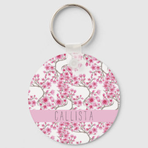 Roze Cherry Blossom Floral Waterverf Monogram Sleutelhanger
