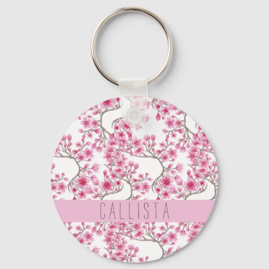 Roze Cherry Blossom Floral Waterverf Monogram Sleutelhanger (Voorkant)