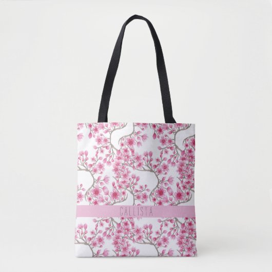 Roze Cherry Blossom Floral Waterverf Monogram Tote Bag (Voorkant)