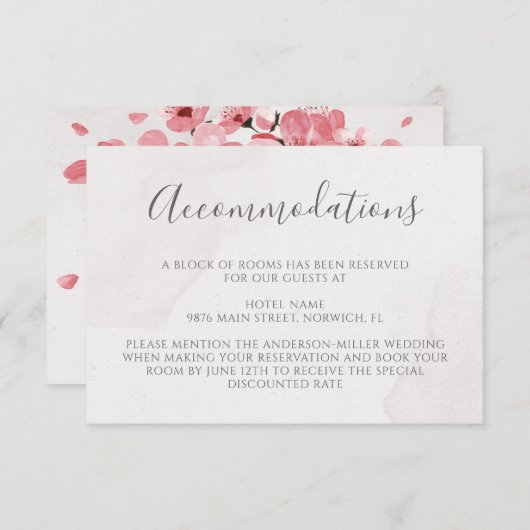 Roze Cherry Blossom Floral Wedding Accommodations Informatiekaartje (Voorkant / Achterkant)