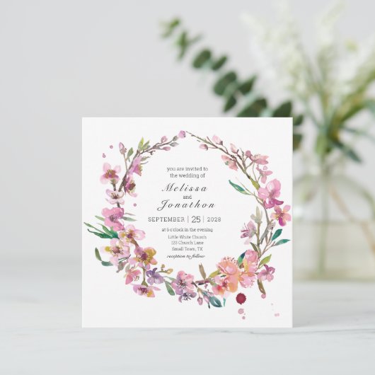 Roze Cherry Blossom Floral Wedding Invitation (Staand voorkant)