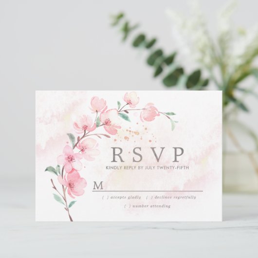 Roze Cherry Blossom Floral Wedding RSVP (Staand voorkant)