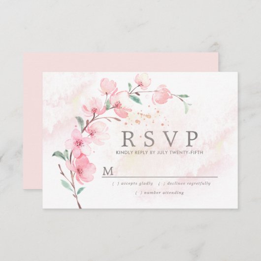 Roze Cherry Blossom Floral Wedding RSVP (Voorkant / Achterkant)