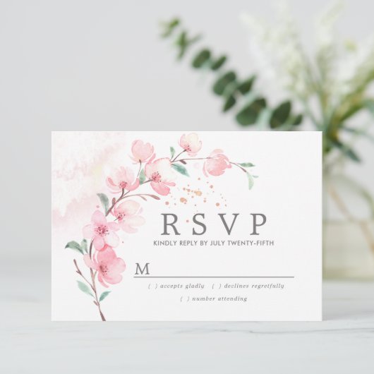 Roze Cherry Blossom Floral Wedding RSVP (Staand voorkant)