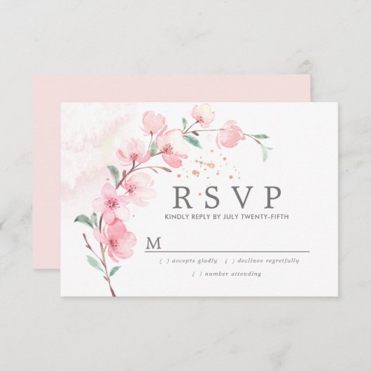 Roze Cherry Blossom Floral Wedding RSVP (Voorkant / Achterkant)