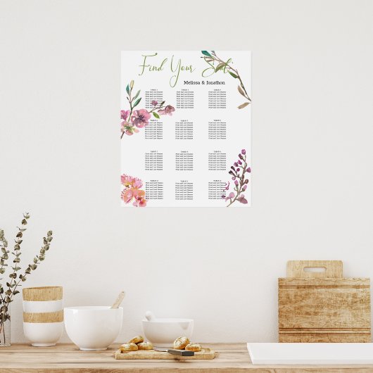 Roze Cherry Blossom Floral Wedding Seding Chart Poster (Keuken)