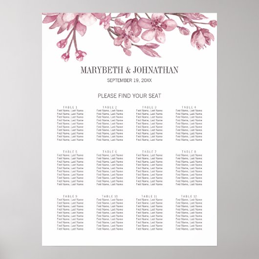 Roze Cherry Blossom Floral Wedding Seding Chart Poster (Voorkant)