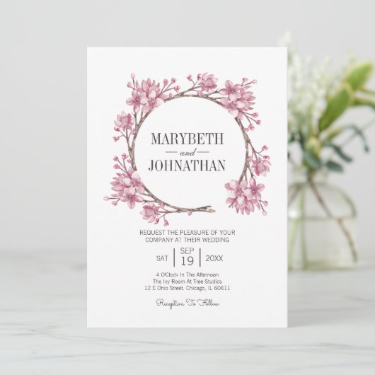 Roze Cherry Blossom Floral Wreath Wedding Kaart (Staand voorkant)