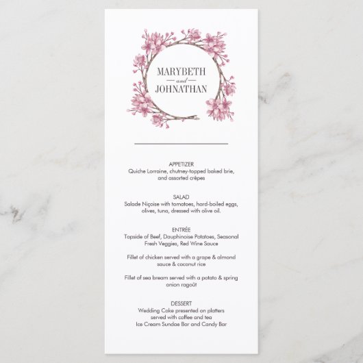 Roze Cherry Blossom Floral Wreath Wedding Menu (Voorkant)