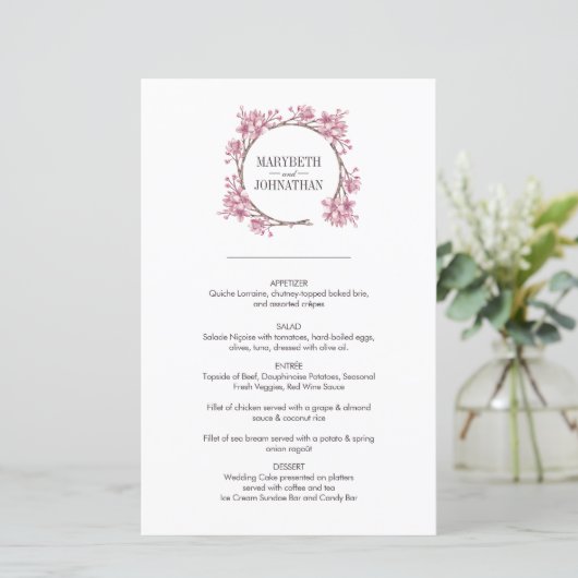 Roze Cherry Blossom Floral Wreath Wedding Menu (Staand voorkant)