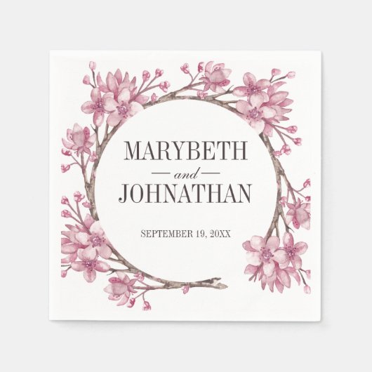 Roze Cherry Blossom Floral Wreath Wedding Napkin Servet (Voorkant)
