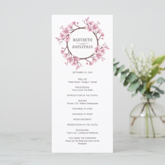 Roze Cherry Blossom Floral Wreath Wedding Programm Programmakaart (Staand voorkant)