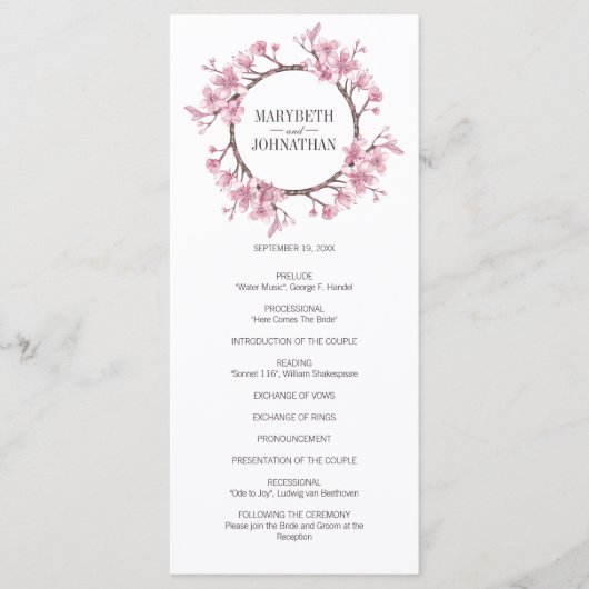 Roze Cherry Blossom Floral Wreath Wedding Programm Programmakaart (Voorkant)