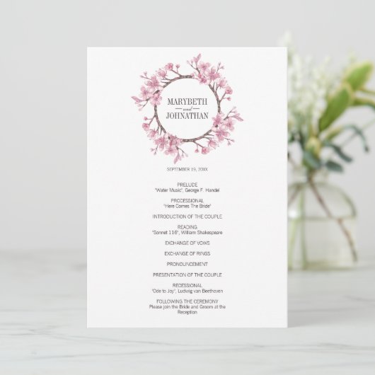 Roze Cherry Blossom Floral Wreath Wedding Programm Programmakaart (Staand voorkant)