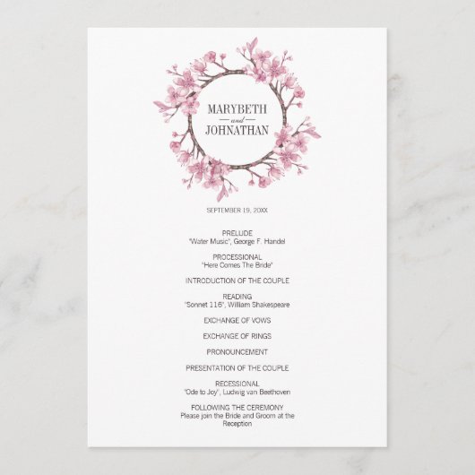Roze Cherry Blossom Floral Wreath Wedding Programm Programmakaart (Voorkant)