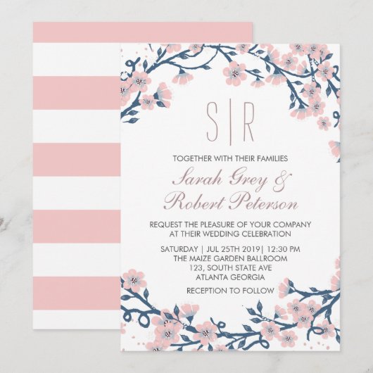 Roze Cherry Blossom Flower Wedding Invitation Kaart (Voorkant / Achterkant)