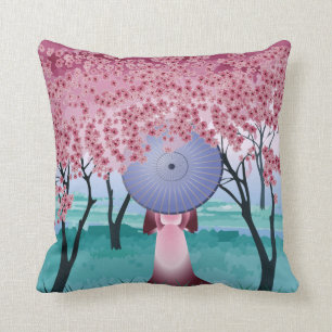 Roze Cherry Blossom Flowers Girl met paraplu Kussen
