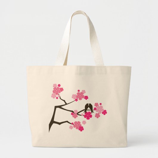 Roze Cherry Blossom Flowers Tortelduifjes Canvas t Grote Tote Bag (Voorkant)