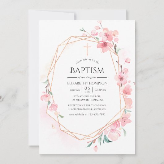 Roze Cherry Blossom Geometric Baptisme Kaart (Voorkant)