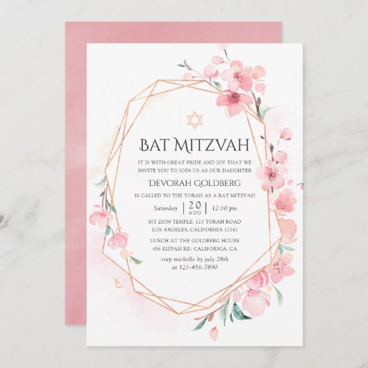 Roze Cherry Blossom Geometric Bat Mitzvah Kaart (Voorkant / Achterkant)