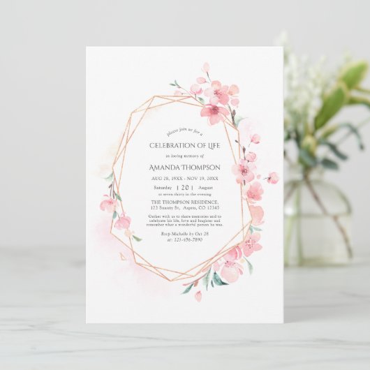 Roze Cherry Blossom Geometric Celebration of Life Kaart (Staand voorkant)