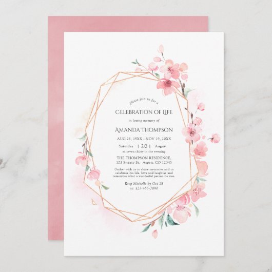 Roze Cherry Blossom Geometric Celebration of Life Kaart (Voorkant / Achterkant)