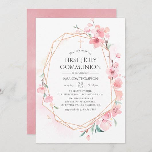 Roze Cherry Blossom Geometric Heilige Communie Kaart (Voorkant / Achterkant)