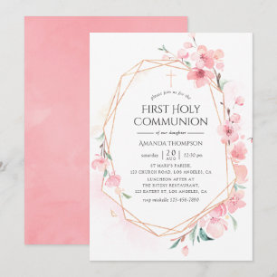 Roze Cherry Blossom Geometric Heilige Communie Kaart