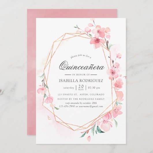 Roze Cherry Blossom Geometric Spring Quinceañera Kaart (Voorkant / Achterkant)