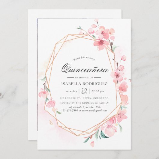 Roze Cherry Blossom Geometric Spring Quinceañera Kaart (Voorkant / Achterkant)