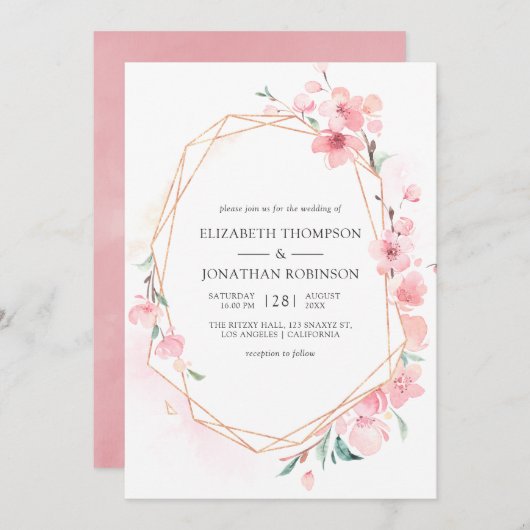 Roze Cherry Blossom Geometric Spring Wedding Kaart (Voorkant / Achterkant)