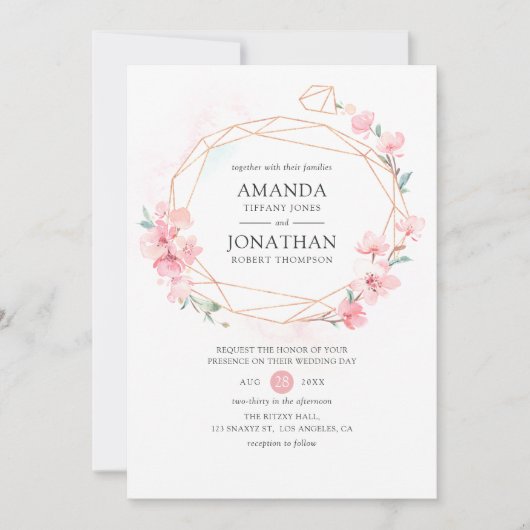 Roze Cherry Blossom Geometric Spring Wedding Kaart (Voorkant)
