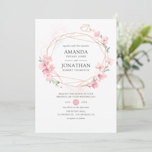Roze Cherry Blossom Geometric Spring Wedding Kaart (Staand voorkant)