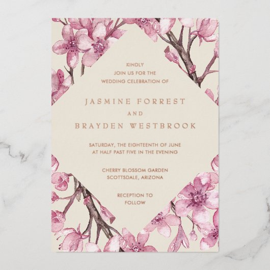 Roze Cherry Blossom Geometric Wedding Roos Gold Folie Uitnodiging (Voorkant)