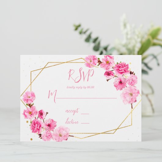 Roze Cherry Blossom Geometric Wedding RSVP-kaarten Kaart (Staand voorkant)