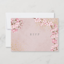 Roze Cherry Blossom Gold Glitter Wedding RSVP Kaartje