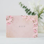 Roze Cherry Blossom Gold Glitter Wedding RSVP Kaartje (Staand voorkant)