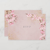 Roze Cherry Blossom Gold Glitter Wedding RSVP Kaartje (Voorkant / Achterkant)