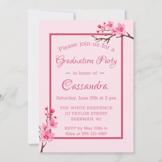 Roze Cherry Blossom Graduation Party Invitation Aankondiging (Achterkant)
