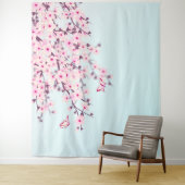 Roze Cherry Blossom Illustratief landschap Wandkleed (In situ)