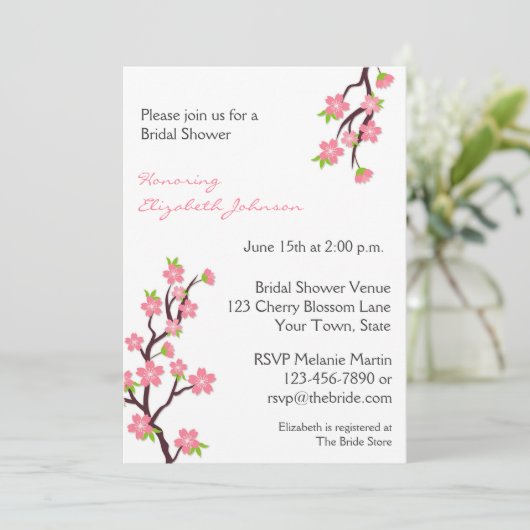 Roze Cherry Blossom Invitation Kaart (Staand voorkant)