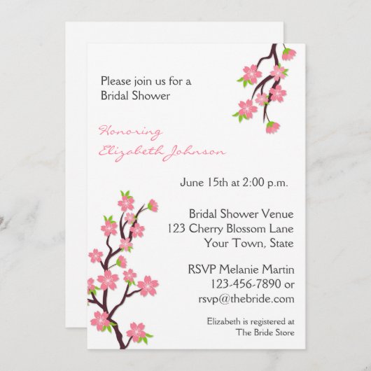 Roze Cherry Blossom Invitation Kaart (Voorkant / Achterkant)