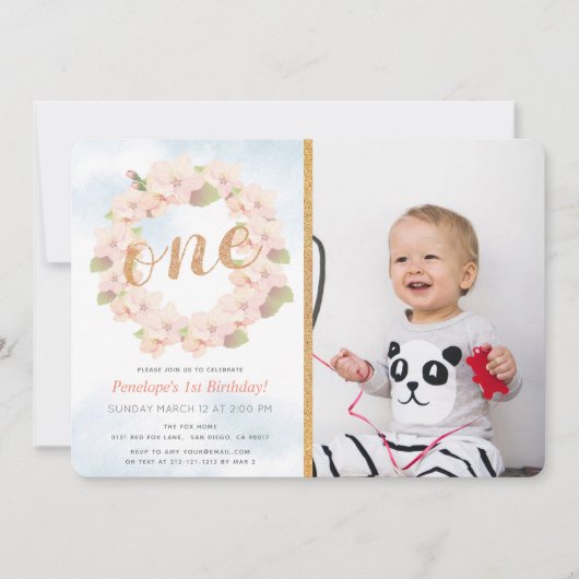 Roze Cherry Blossom Krans Meisje 1e foto Verjaarda Kaart (Voorkant)