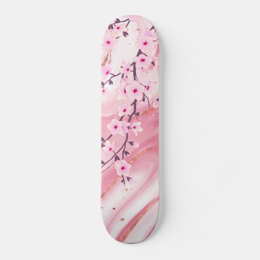 Roze Cherry Blossom Marble Background Floral Persoonlijk Skateboard (Voorkant)